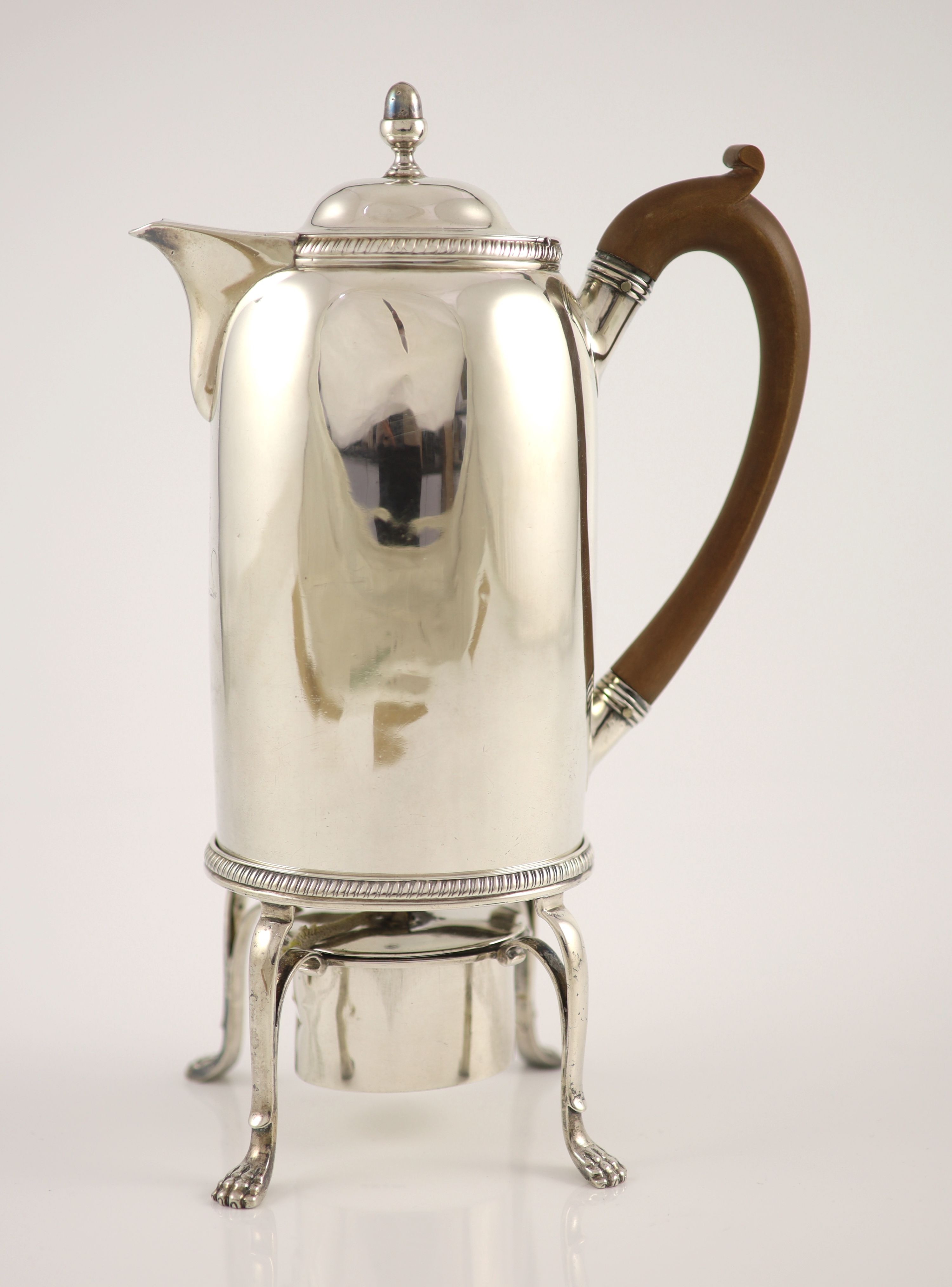 A George III silver oval biggin pot, John Edwards III, London, 1799, on stand with burner, John Edwards III, London, 1803